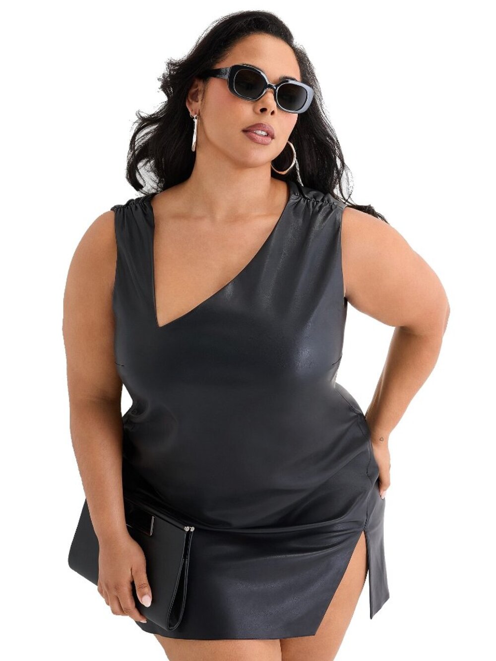 New! Ashley Graham Mini Asymmetrical Neck Sleeveless Faux Leather Sheath Dress
